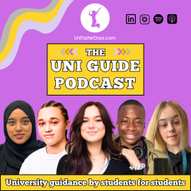 Logo and hosts of the Uni Guide Podcast