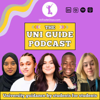 Uni Guide Podcast logo and hosts