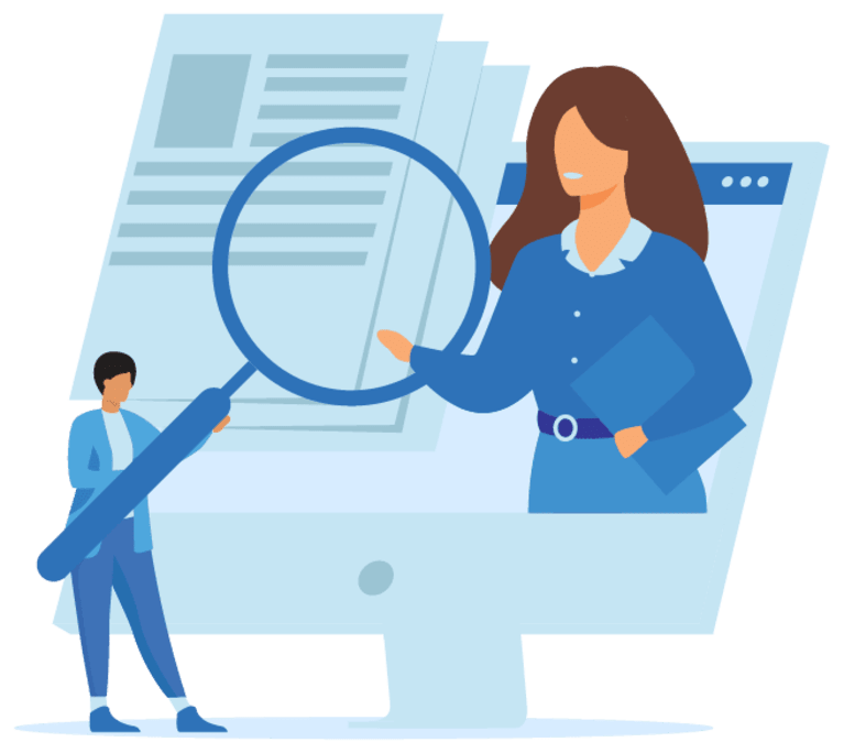 User holding magnifying glass looking at a computer screen