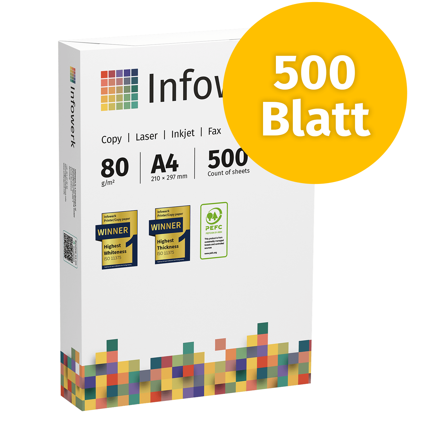 Packung Infowork Druckerpapier A4, 80 g/m², 500 Blatt, für Kopierer, Laser, Inkjet, Fax, mit Auszeichnungen auf Vorderseite, gelber Kreis mit "500 Blatt".