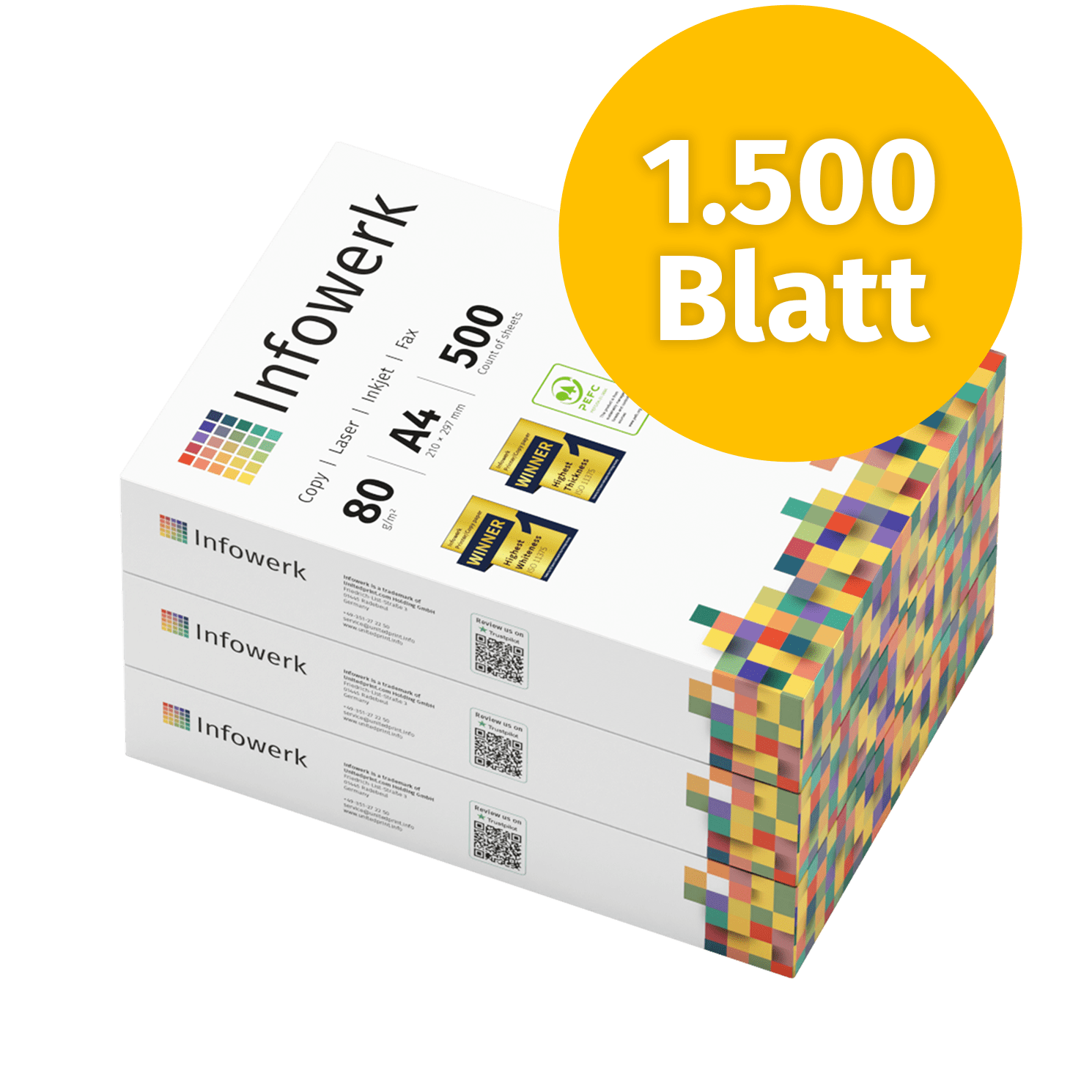 3er Pack Infowerk A4 Kopierpapier, 1.500 Blatt, 80 g/m², ideal für Kopierer, Laser- und Inkjetdrucker, mit Umwelt- und Qualitätssiegeln, bunte Verpackung.