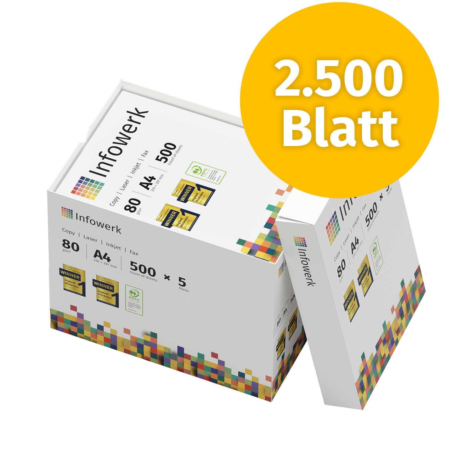 Packung mit 2.500 Blatt Infowerk Druckerpapier, A4, 80 g/m², für Kopierer, Laser, Tintenstrahl und Fax, 5 x 500 Blatt,  weiß, mit buntem Design.