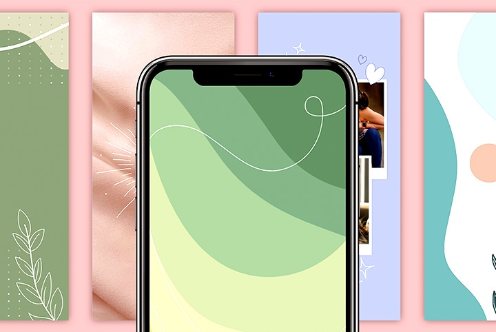 Smarttelefon med en grønn abstrakt bakgrunn omgitt av fire pastell bakgrunnsbilder med botaniske elementer og geometriske former.