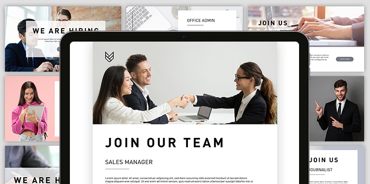 Digitale Stellenanzeige für die Position Sales Manager – drei Geschäftsleute beim Handschlag vor dem Schriftzug 'Join Our Team', mit weiteren offenen Jobs im Hintergrund, ideal für Recruiting und Employer Branding.