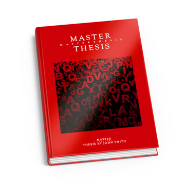 Red book cover with text "Master Thesis", alphabetical background and name "John Smith".