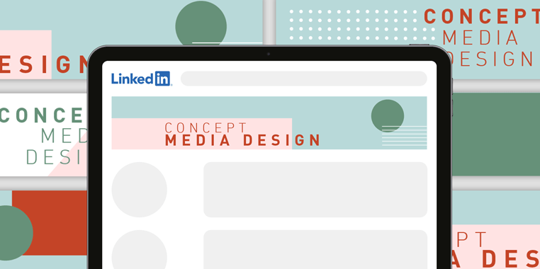 Kachel zum LinkedIn Banner: Laptop-Bildschirm zeigt LinkedIn-Profilseite mit modernem, mehrfarbigem Design und Text "Concept Media Design", Hintergrund enthält geometrische Formen.