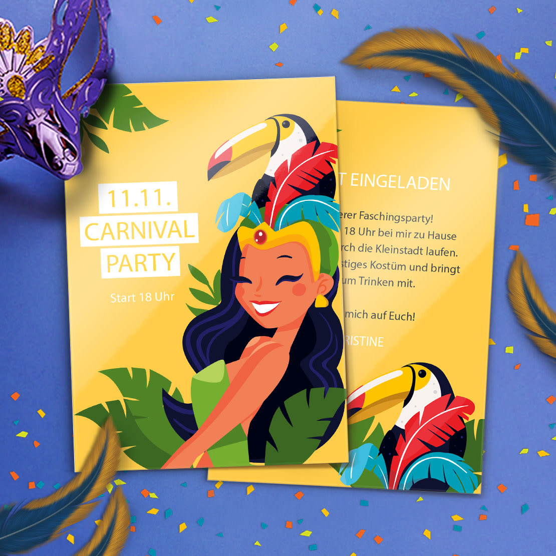 Zwei rosa Einladungen zur Sommerparty mit Blumen- und Blättermuster, umgeben von tropischen Blättern, Streuseln und Blaubeeren auf hellgrünem Hintergrund.