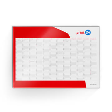Rechteckiges Wandkalender-Design von print24, mit rotem Akzent oben links und schachbrettartigem Raster für Kalendertage auf weißem Hintergrund.