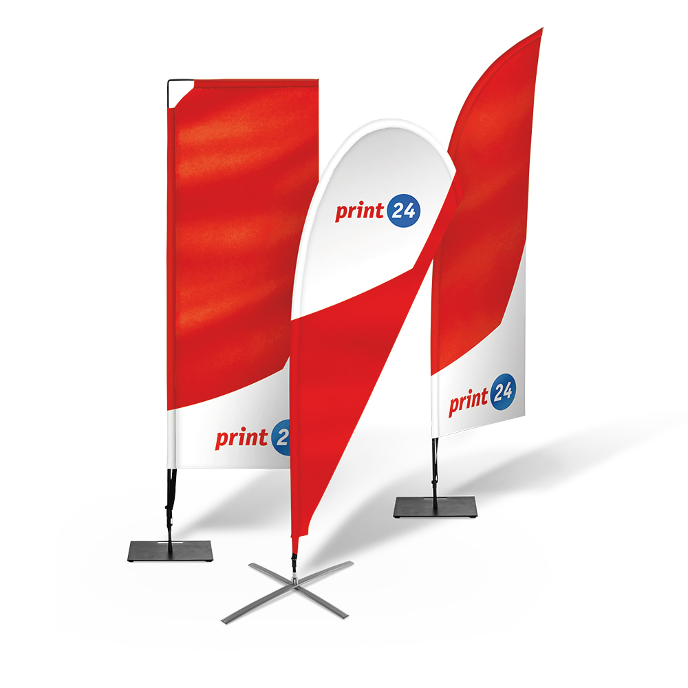 Three different red advertising flags from print24 with a black stand, on a white background, with each flag having a different shape: rectangular, curved and asymmetrical.