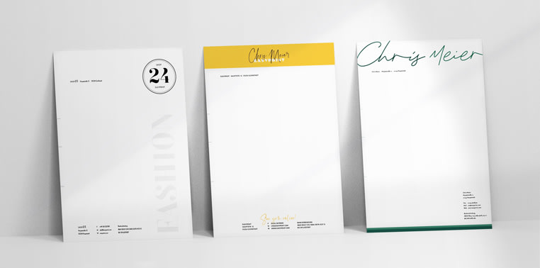 Tre moderne brevpapirmaler med forskjellige fonter – stilig presentert på en hvit bakgrunn, ideell for profesjonell forretningskorrespondanse og individuell bedriftskommunikasjon.