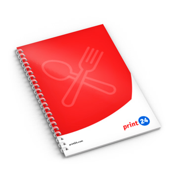 Notebook with spiral binding, red cover with fork and spoon symbol, print24 logo lower right, designed by unitedprint.com.