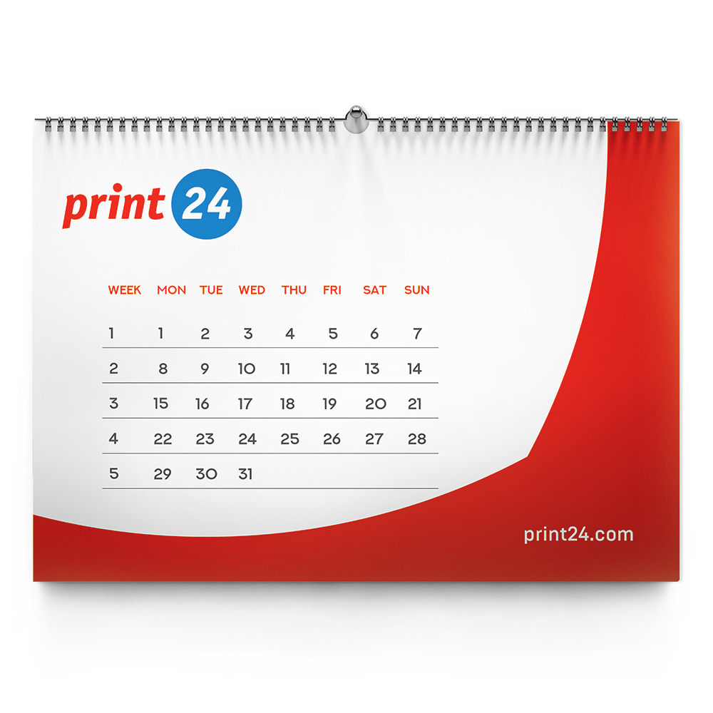 Wandkalender mit Monatsübersicht, rot-weißem Design und print24-Logo. Fokus auf Wochen- und Tagesanzeige mit Website-Link print24.com.