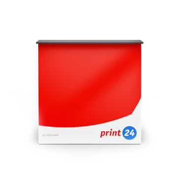 Roter Messestand mit schwarzer Tischplatte, darunter "print24" Logo auf weißem Hintergrund. Perfekt für Firmenpräsentationen und Marketingevents geeignet.