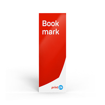 Marcapáginas rojo y blanco con la inscripción "Book mark" y un pequeño logo en la parte inferior derecha.