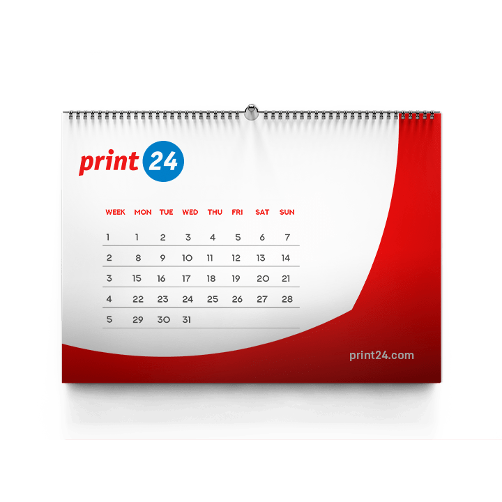 Wandkalender von print24.com für den Monat mit 31 Tagen, beginnend am Montag, in den Farben Weiß und Rot, mit einer Spiralbindung am oberen Rand.
