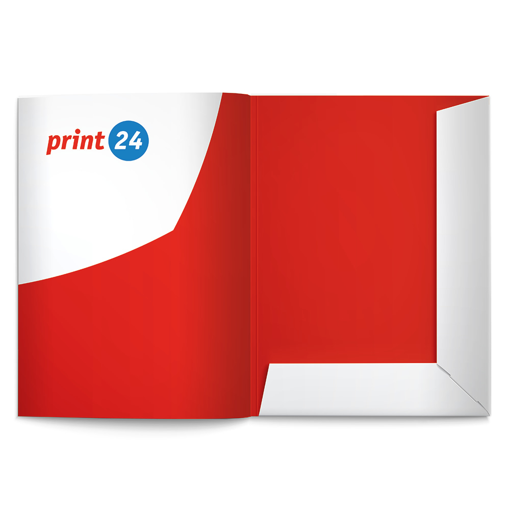 Raudonas pristatymo aplankas iš print24 su baltu vidiniu rėmeliu ir logotipu kairėje pusėje, tinkamas verslo dokumentams.