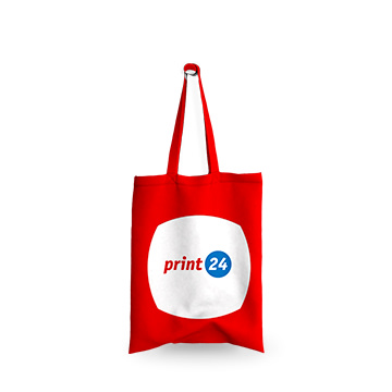 Raudonas pirkinių krepšys su baltu apskritimu, su raudonos ir mėlynos spalvos logotipu "print24"; ilgos nešiojimo rankenos.