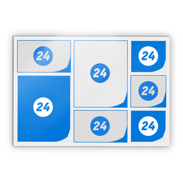 A graphic with blue and white stickers of different sizes, all with the number 24 in white circles on a blue background, uneven corners.