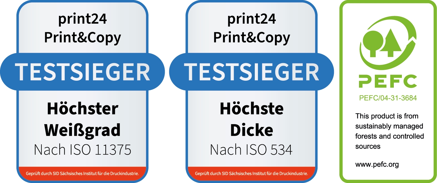 Testa plombas print24 papīram: Augstākais baltums saskaņā ar ISO 11375, augstākais biezums saskaņā ar ISO 534 un PEFC sertifikācijas zīmogs ilgtspējīgai mežsaimniecībai.