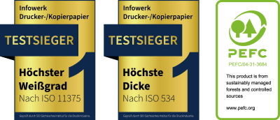 Une image avec trois sceaux : Le premier sceau distingue le produit comme vainqueur du test avec le degré de blancheur le plus élevé. Le deuxième sceau confirme l’épaisseur la plus élevée comme une caractéristique de vainqueur du test. Le troisième sceau est le certificat PEFC, qui soutient la gestion forestière durable.