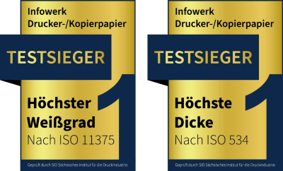 Two golden "test winner" seals from Infowerk copy paper. Left: "Highest whiteness according to ISO 11375". Right: "Highest thickness according to ISO 534".