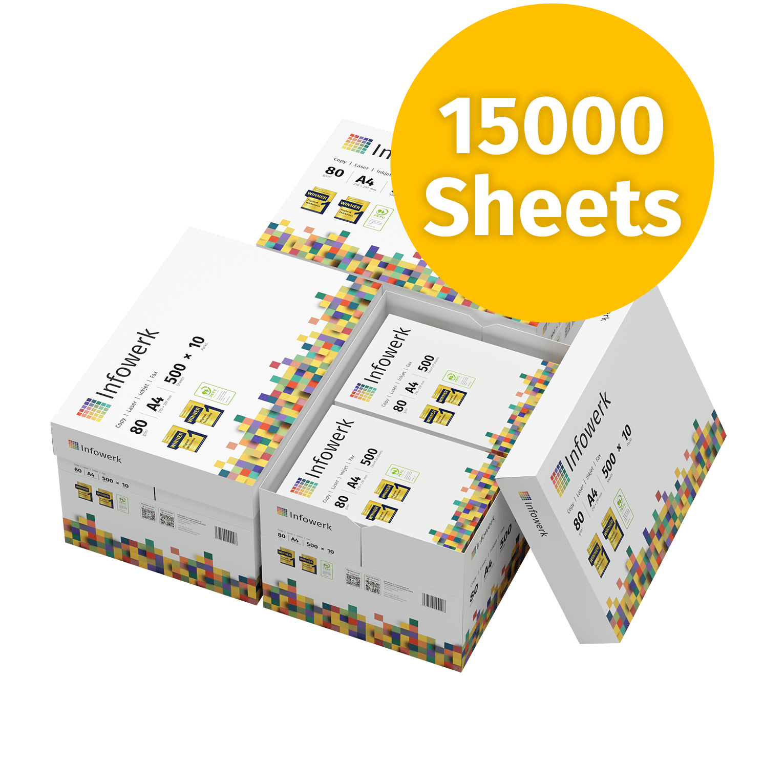 Papier de copie Premium A4, 80 g/m², 15 000 feuilles – une base fiable pour des impressions nettes et précises sur n’importe quelle imprimante.