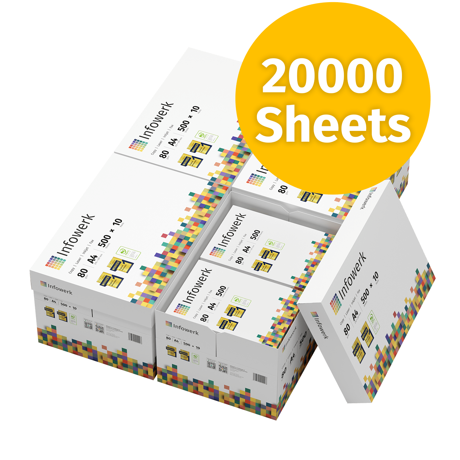 Kopipapir A4, 80 g/m² – 20.000 ark for fremragende printkvalitet til alle typer dokumenter. Perfekt til daglig brug.