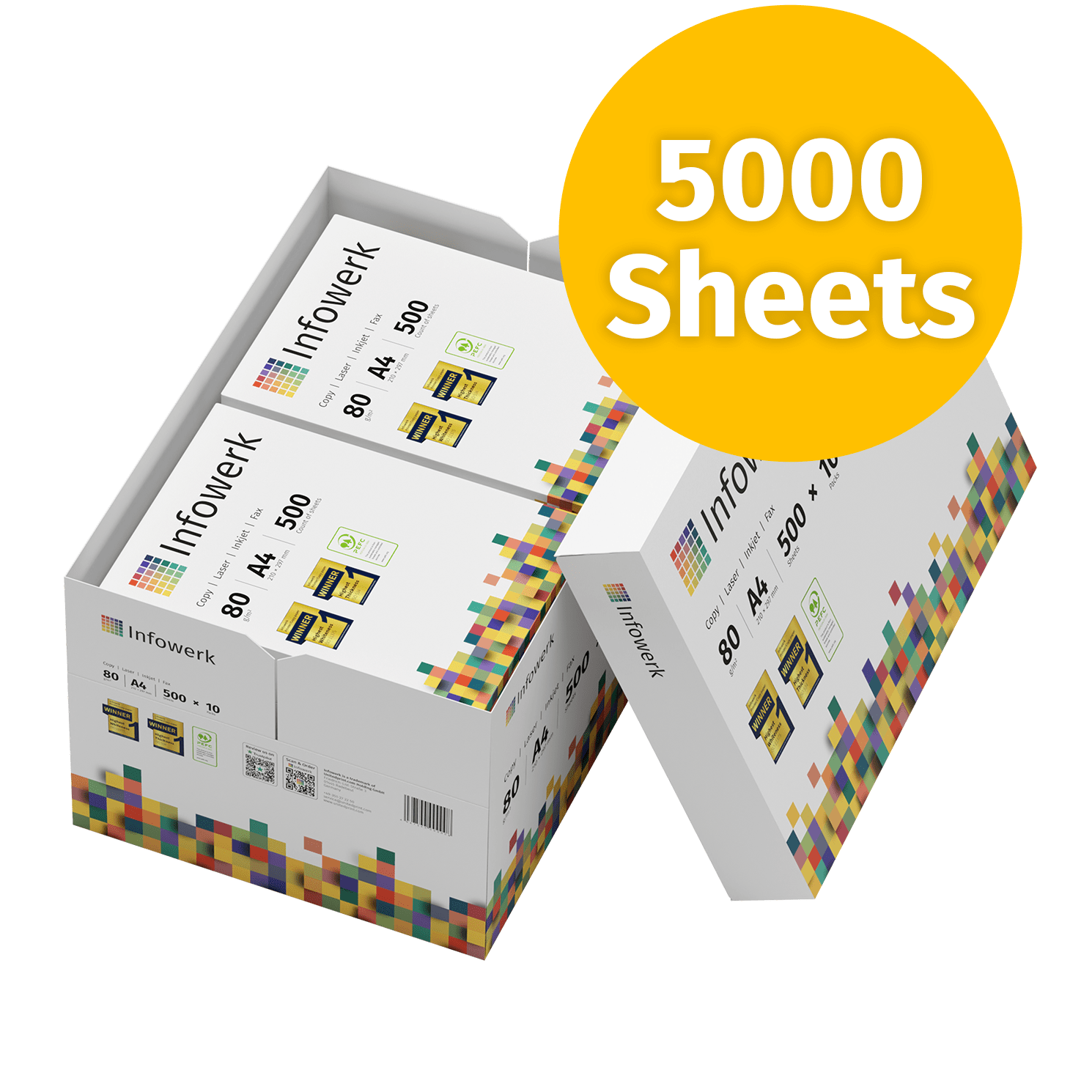 Pålitligt A4-kopieringspapper, 80 g/m², 5000 ark – ger skarpa och klara utskrifter. Perfekt för kontor, hemmakontor och affärsdokument.