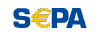 Logo SEPA s modrým písmem, s „E“ znázorněným jako žlutý symbol eura.