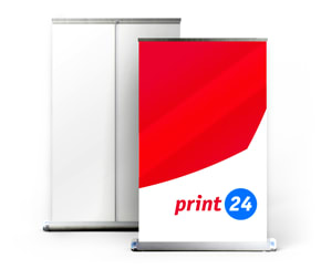 Mini roll-up bänner valge ja punase kujundusega ning tekstiga print24. Ideaalne reklaamiks või messil esinemiseks. Bänneri tagakülg on valge.