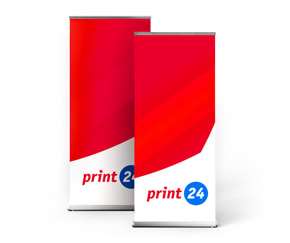 Išskirtiniai duetai suvynioti raudonai baltame fone su raudonos ir mėlynos spalvos print24 logotipu.