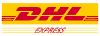 DHL Express-logo på gul baggrund med røde bogstaver og hvide streger; verdenskendt leveringsservice til hurtige internationale forsendelser.