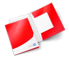 Driedelige presentatiemap met kleppen en print24-logo – elegant vormgegeven geopend en gesloten op een witte achtergrond, ideaal voor het veilig en professioneel bewaren van documenten.