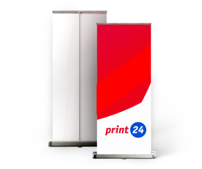 Displays roll-up premium, fundo branco, frente impressa, com design vermelho e logotipo print24. Ideais para apresentações e feiras.