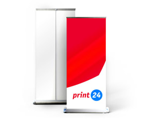 Banner roll-up exclusivist cu un design roșu și alb, afișat față și spate. Ideal pentru evenimente promotionale.