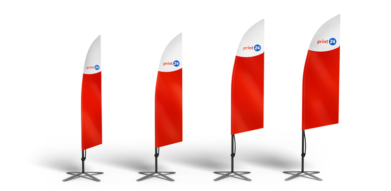 Four red and white wing-shaped beach flags with the print24 logo on black cross-base stands, shown in various sizes, against a white background.