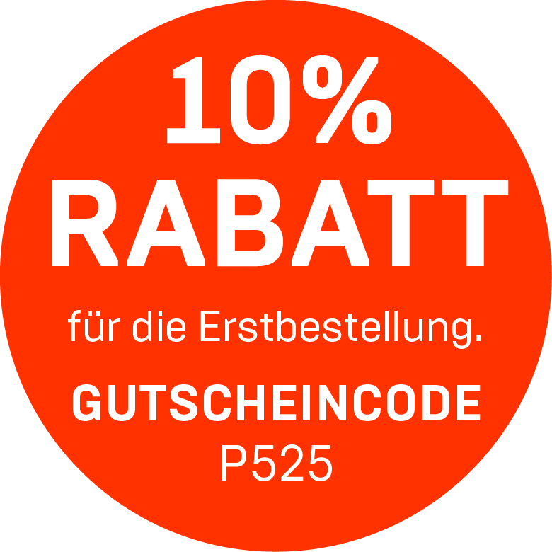Rote Bubble mit weißem Text: "10% Rabatt für die Erstbestellung und Gutscheincode.