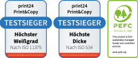 Test seals for print24 paper: Highest whiteness according to ISO 11375, highest thickness according to ISO 534, and PEFC certification seal for sustainable forestry.