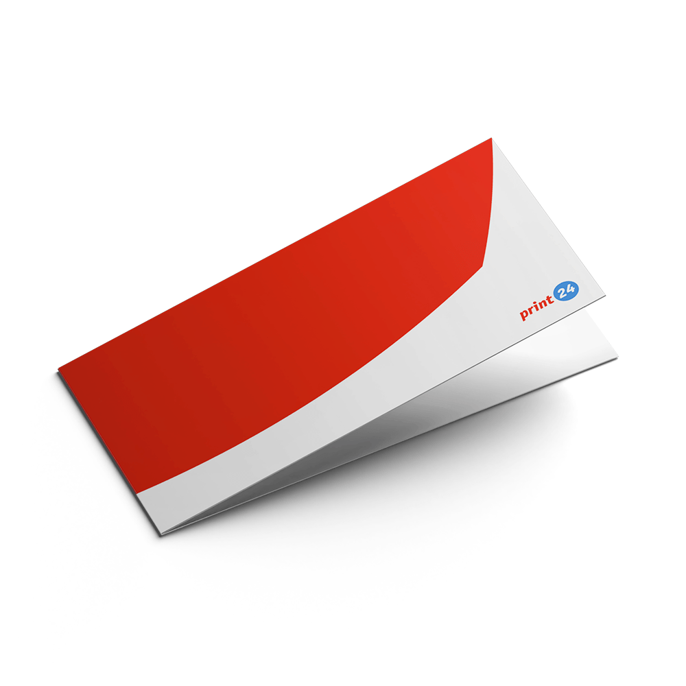 Biglietto pieghevole in formato DIN lungo, di colore rosso e bianco, con il logo print24 nell'angolo, su sfondo bianco.