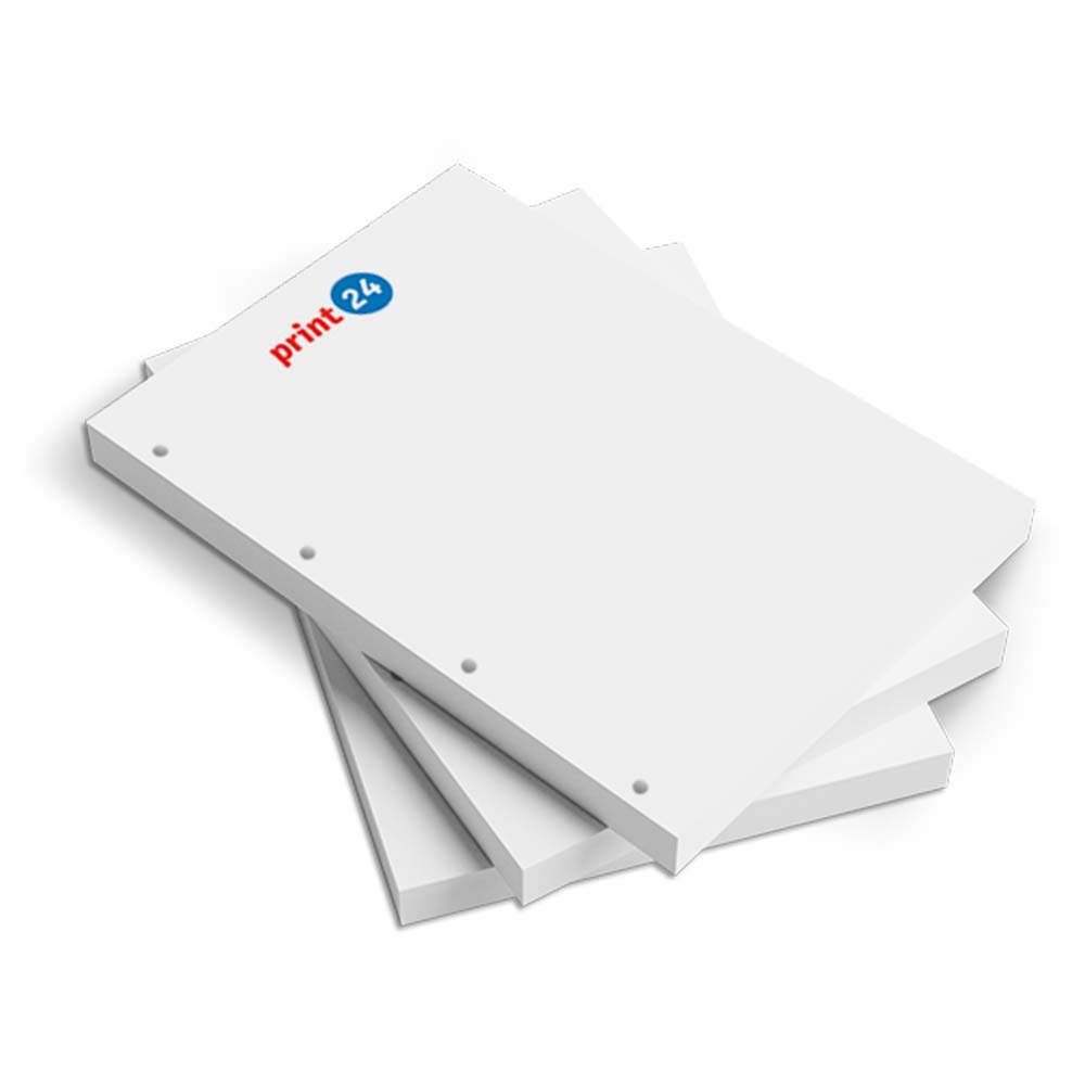 Obrázok produktu: Stoh kolekcií voľných listov s perforáciou, biela s logom print24 vľavo hore, pre individuálne tlačové služby.