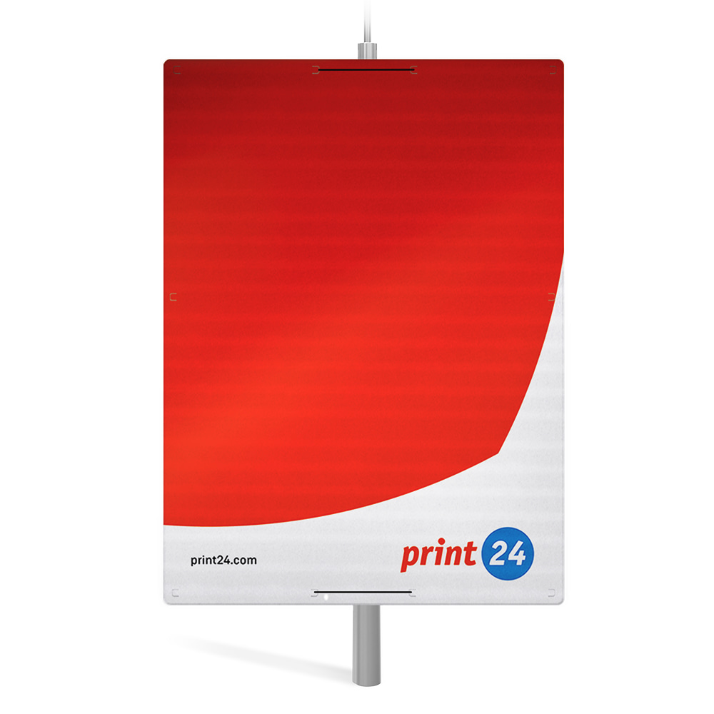 Tuotekuva: Print24:n ulkojulisteet punavalkoisilla osioilla ja print24-logolla, minimalistinen muotoilu.