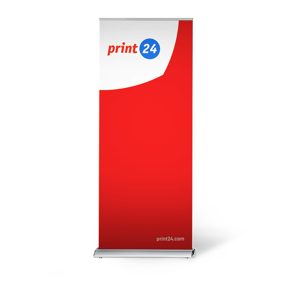 Banner roll-up rosso di print24.com con base grigia. In alto a sinistra è presente il logo print24 in rosso e blu su sfondo bianco.