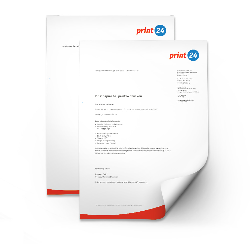 2 feuilles de papier à lettres avec le logo Druck24 en haut à droite, mise en page moderne et accent rouge en bas.