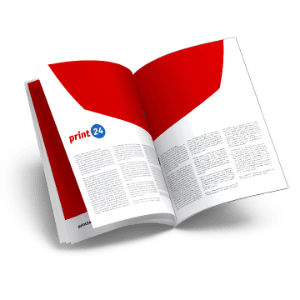 Revista deschisă cu design alb și roșu, cu sigla „print24”; au broșuri tipărite.