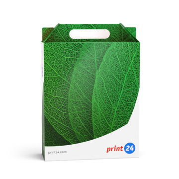 Scatole pieghevoli GreenLine con manico in cartone con motivo a foglia verde, apertura con manico e scritta "GreenLine" sulla confezione.