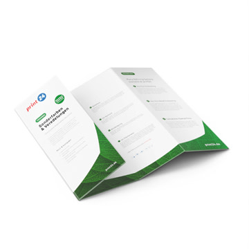 8-seitiger grüner Falzflyer, liegt offen, Startseite mit print24-Logo sichtbar, zeigt minimalistisches Design und Auflistung von Produktdetails.