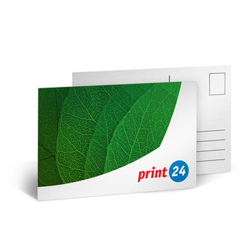 Cartolina con motivo a foglia verde e stampa print24. Il retro presenta le tipiche linee delle cartoline per l'inserimento dell'indirizzo.