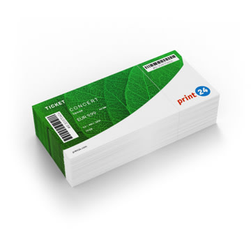 Stos biletów GreenLine z wzorem zielonego liścia, kodem kreskowym oraz etykietami „Bilet” i „Koncert” od print24, idealny na imprezy i koncerty.