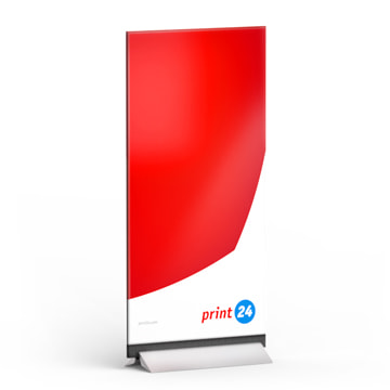 Semn în picioare cu un design alb și roșu strălucitor și logo-ul Markenprint24 pe o bază solidă. Ideal pentru scopuri promotionale si evenimente.