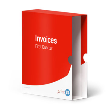 Coffret pour classeurs à anneaux avec l'inscription "Factures Premier Trimestre", boîte de collecte pour classeurs à anneaux, logo Markenprint24 visible en bas à droite.